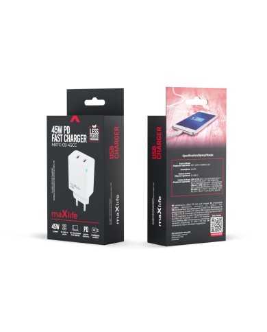CHARGEUR SECTEUR FAST CHARGE GaN MAXLIFE MXTC-09-45CC 45W - DOUBLE USB-C (PD & QC) - BLANC