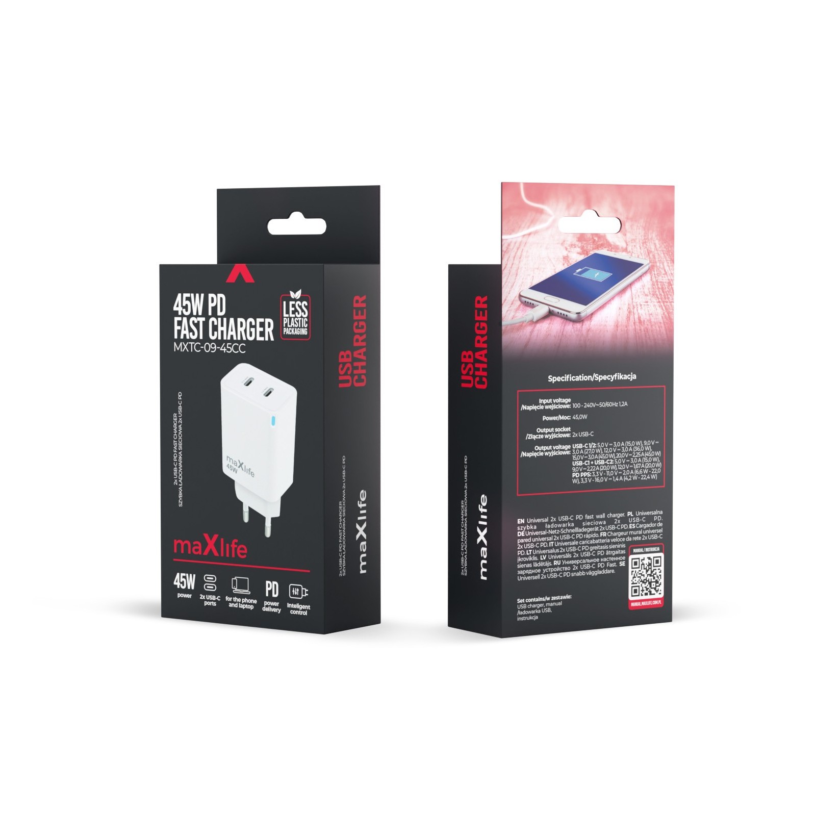 CHARGEUR SECTEUR FAST CHARGE GaN MAXLIFE MXTC-09-45CC 45W - DOUBLE USB-C (PD & QC) - BLANC