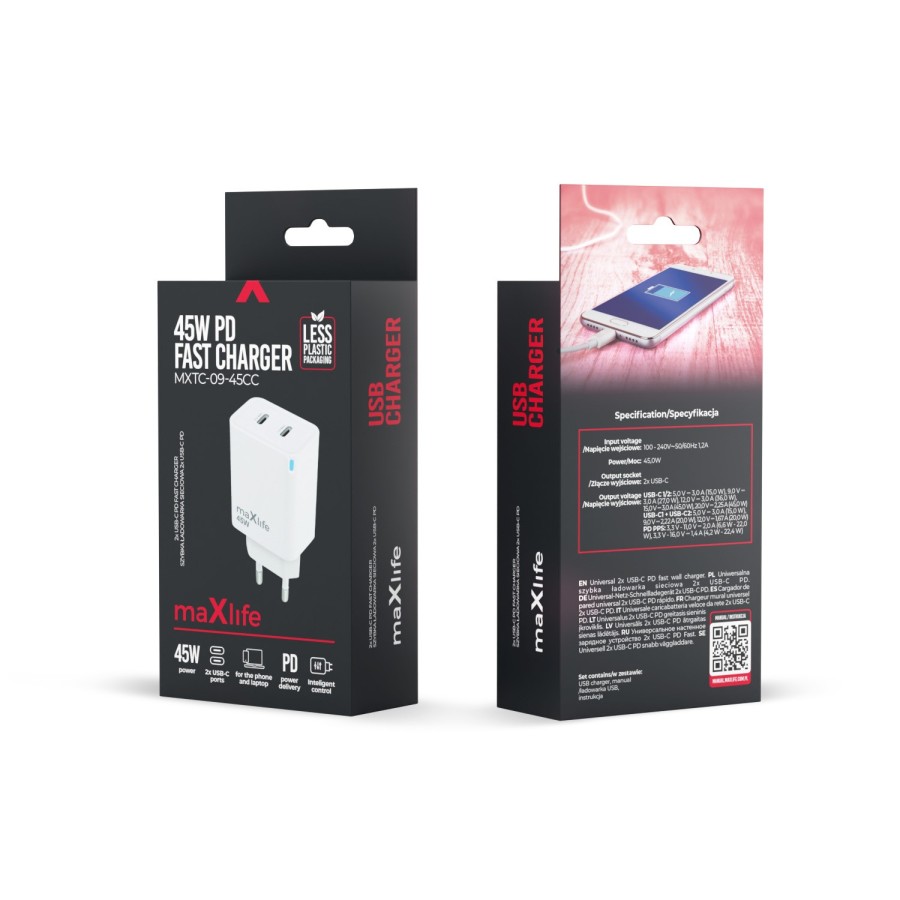 CHARGEUR SECTEUR FAST CHARGE GaN MAXLIFE MXTC-09-45CC 45W - DOUBLE USB-C (PD & QC) - BLANC