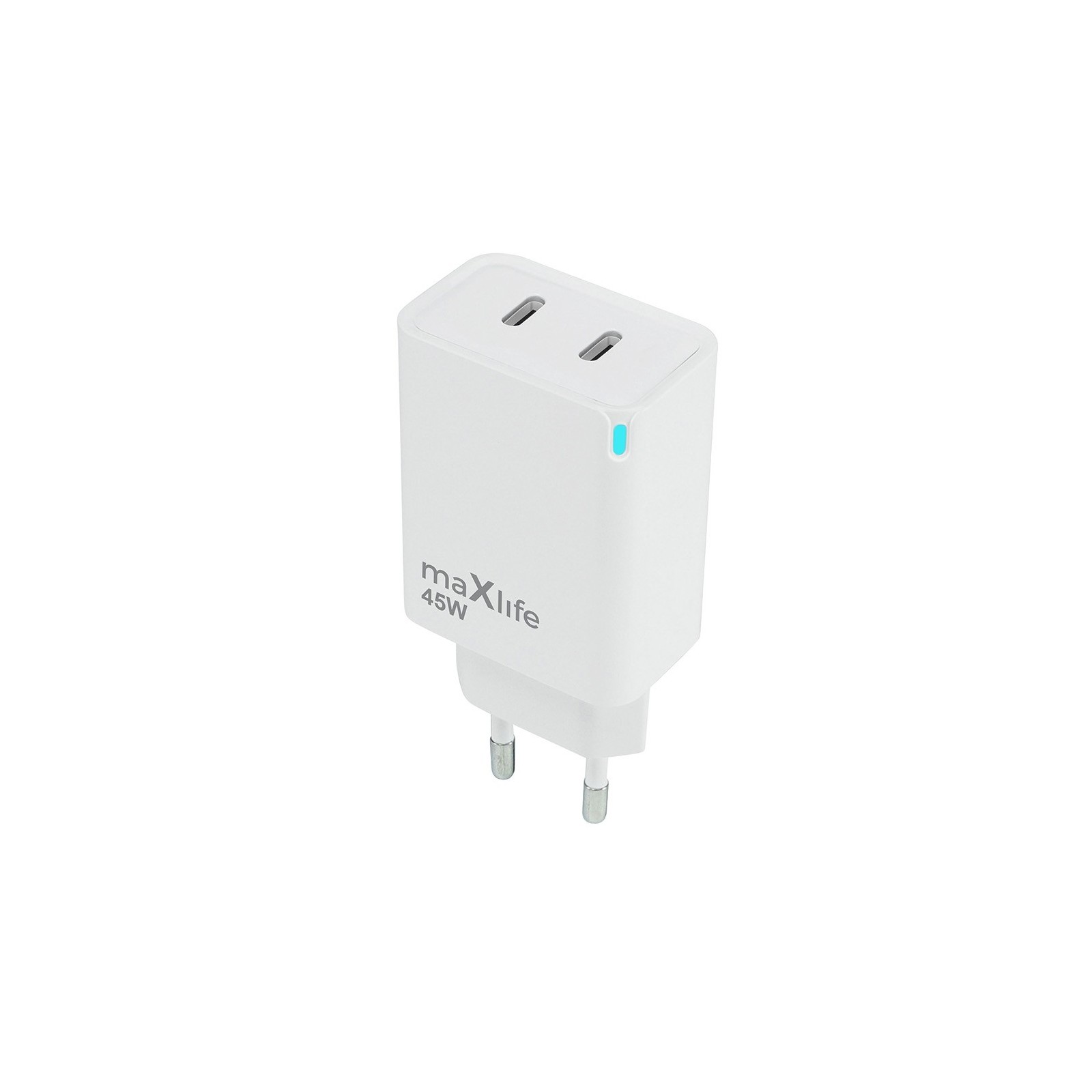 CHARGEUR SECTEUR FAST CHARGE GaN MAXLIFE MXTC-09-45CC 45W - DOUBLE USB-C (PD & QC) - BLANC