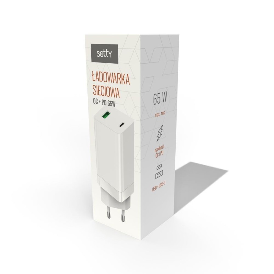 CHARGEUR MURAL FAST CHARGE GaN SETTY 65W - USB-A + USB-C (PD & QC) LSI-02 - BLANC