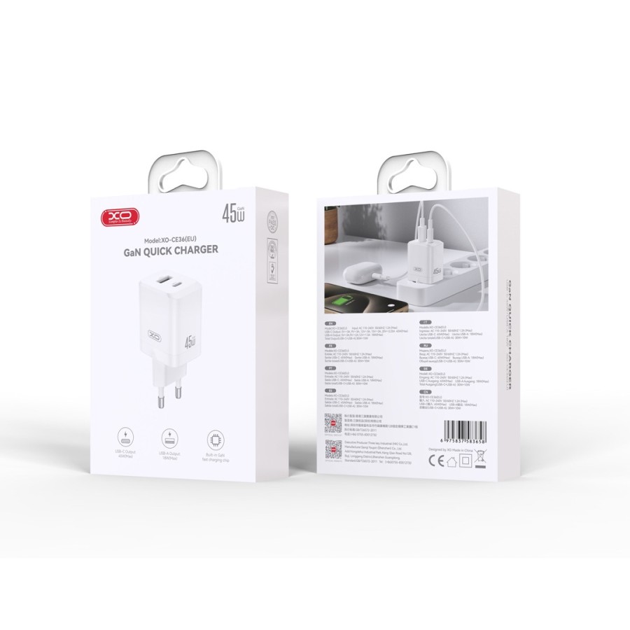 CHARGEUR MURAL FAST CHARGE XO CE36 45W - USB-C (POWER DELIVERY) + USB-A - BLANC
