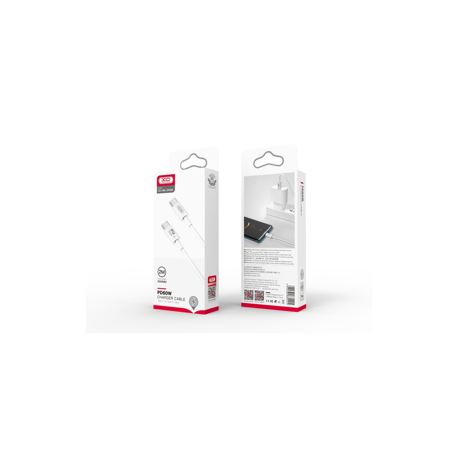 CÂBLE USB-C VERS C - XO NB-Q190B-  60W 2M BLANC