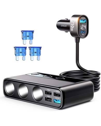 CHARGEUR VOITURE MULTI-PORTS FAST CHARGE JOYROOM JR-CL06 210W - USB-C (PD) & USB-A (QC 3.0) AVEC RALLONGE - NOIR