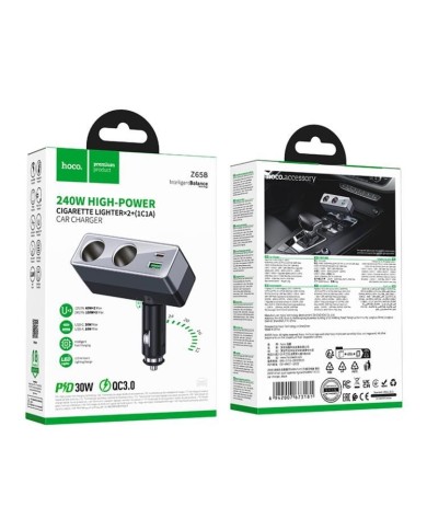 CHARGEUR ALLUME-CIGARE VOITURE HOCO Z65B 240W - GRIS