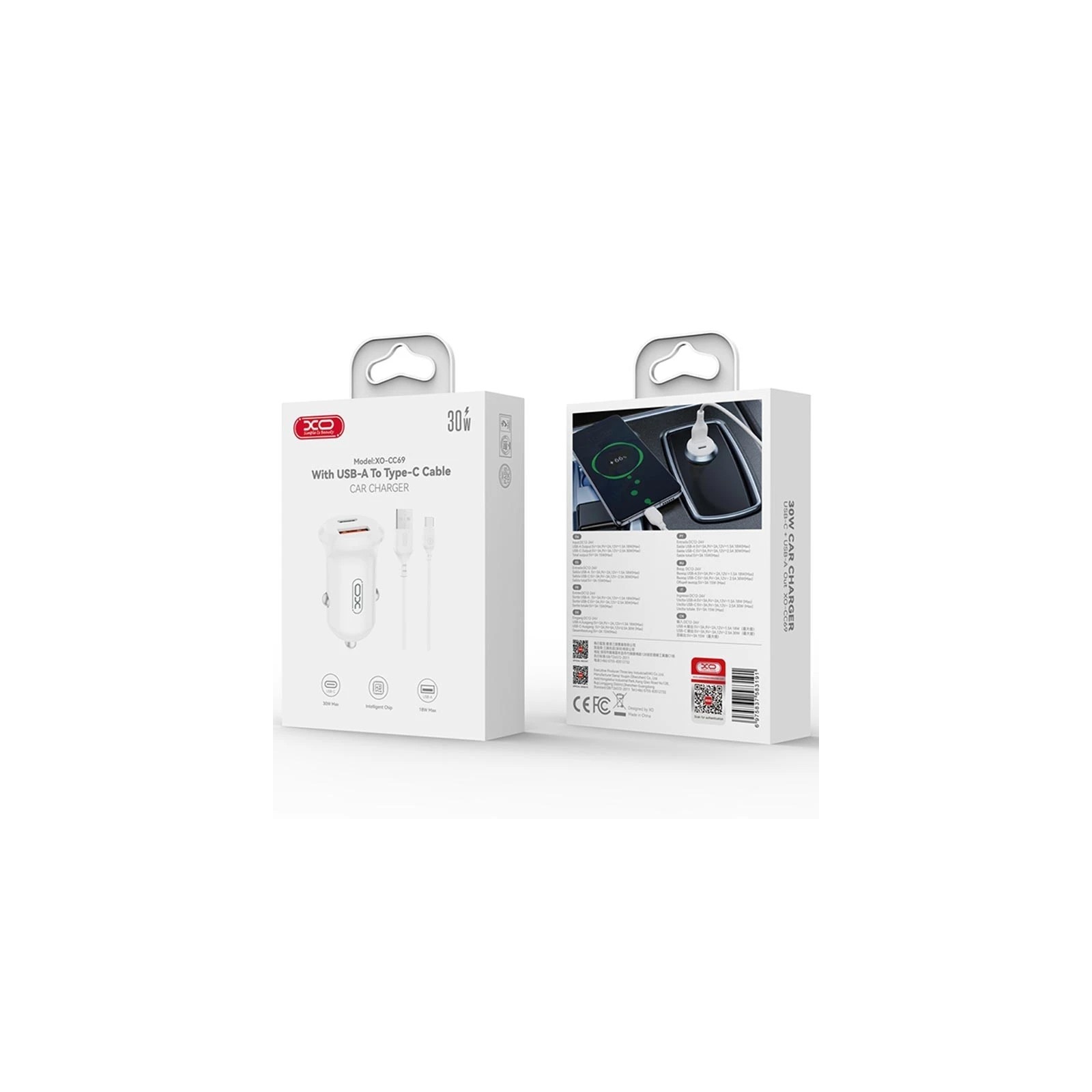 CHARGEUR ALLUME-CIGARE VOITURE - XO CC69 - 30W BLANC (USB-A + USB-C)