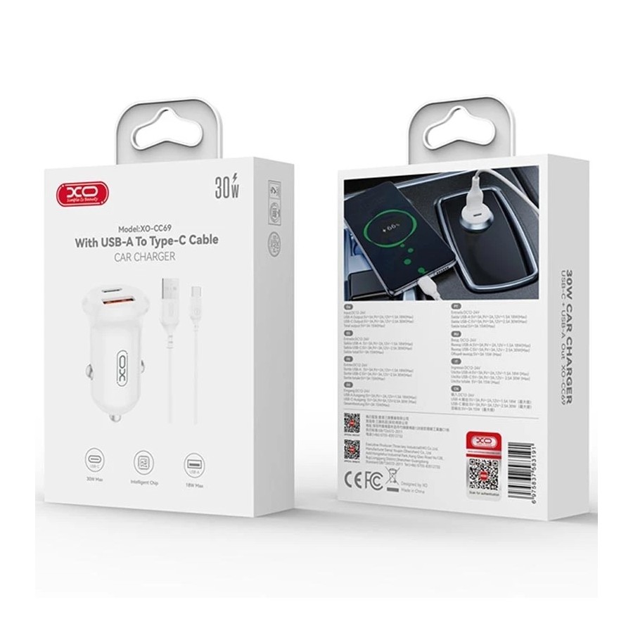CHARGEUR ALLUME-CIGARE VOITURE - XO CC69 - 30W BLANC (USB-A + USB-C)