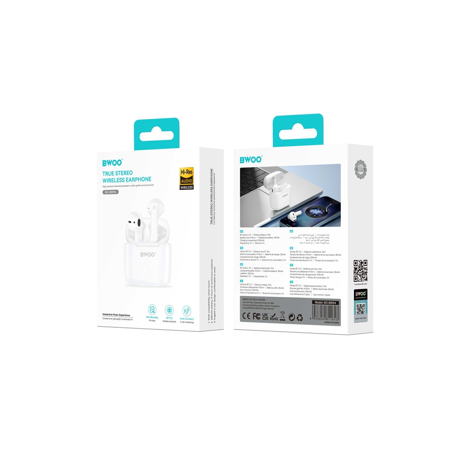 ÉCOUTEURS SANS FIL TWS BWOO BW94-WH AVEC BOÎTIER DE CHARGE — BLANC
