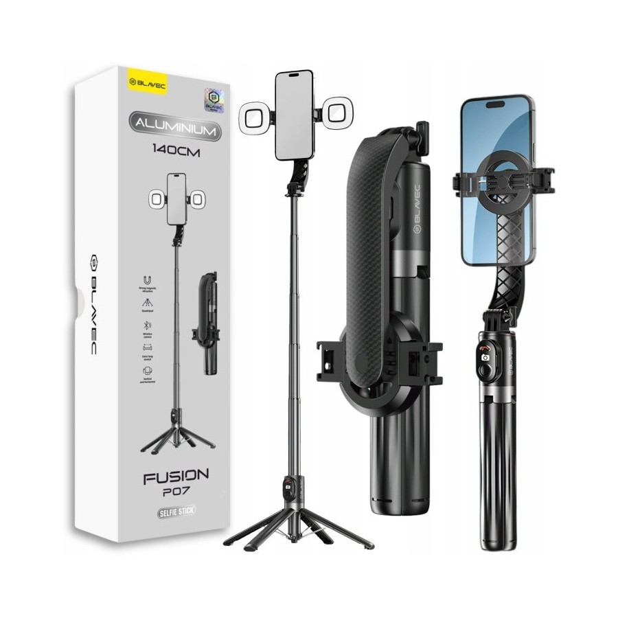PERCHE À SELFIE / TRÉPIED MAGSAFE 4-EN-1 BLAVEC P-07 ALUMINIUM FUSION — 1,4 M AVEC TÉLÉCOMMANDE ET 2 LAMPES LED