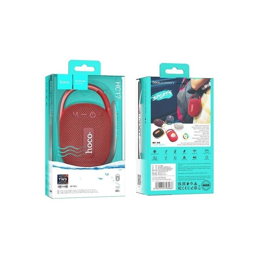 ENCEINTE SANS FIL PORTABLE HOCO HC17 EASY JOY SPORTS — MINI FORMAT NOMADE AVEC CLIP — ROUGE