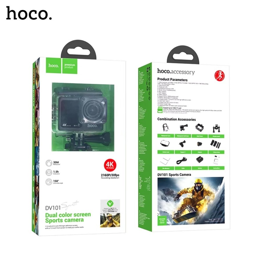 CAMÉRA SPORT HOCO DV101 ULTRA HD 4K — DOUBLE ÉCRAN COULEUR — ENREGISTREMENT 2160P / 30 FPS