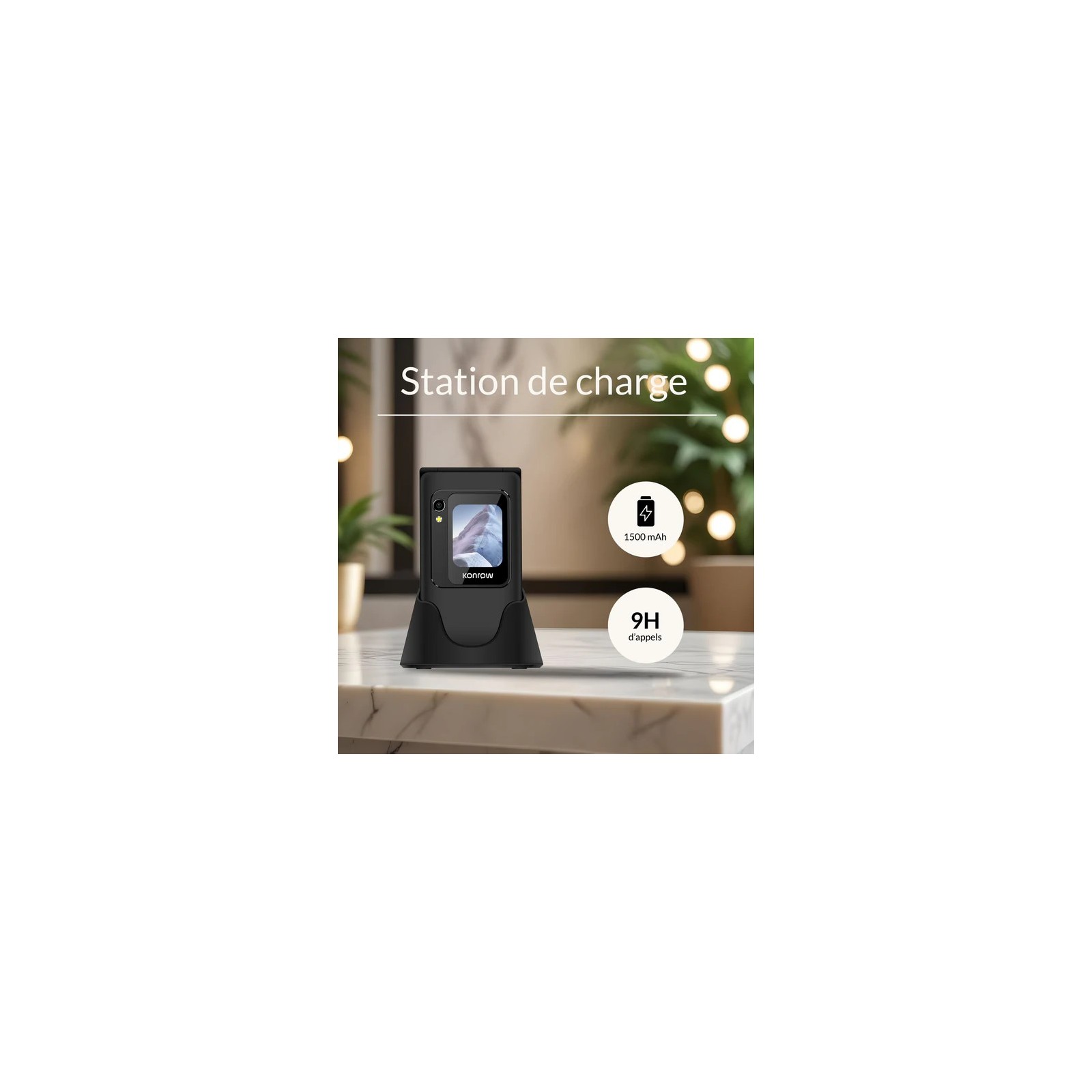 TÉLÉPHONE MOBILE SENIOR - KONROW SENIOR FLIP 4G - COMPATIBLE APPAREIL AUDITIF - NOIR
