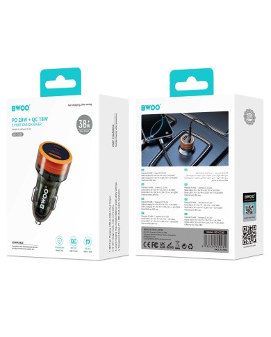 CHARGEUR ALLUME-CIGARE VOITURE - BWOO BO-CC85 - 38W TRANSPARENT (1x USB-A / 1x USB-C)