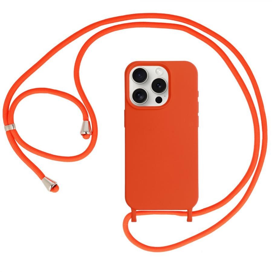 COQUE EN SILICONE AVEC CORDON POUR IPHONE 15 - ORANGE