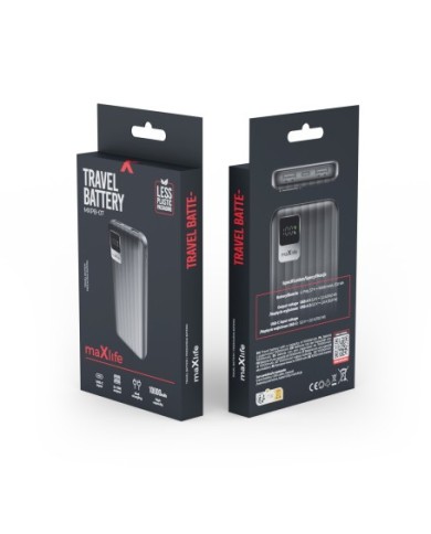 BATTERIE DE SECOURS 10 000 MAH 2 USB-A OUT + 1 USB-C IN AVEC AFFICHAGE DIGITAL - NOIR - MAXLIFE