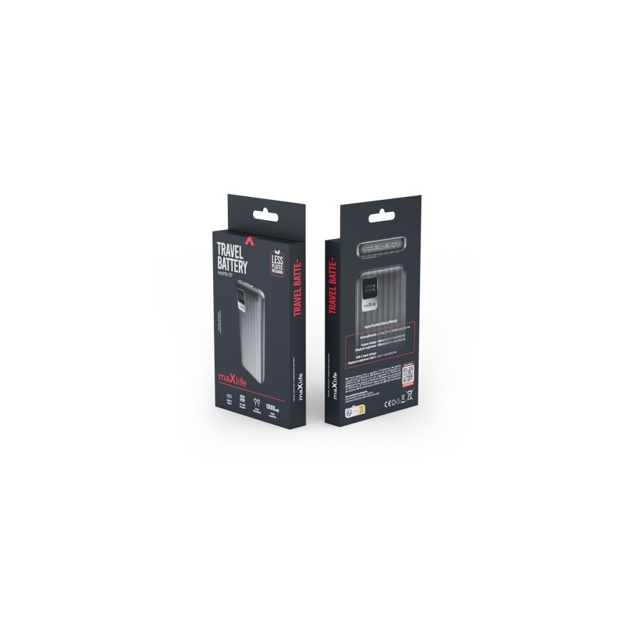 BATTERIE DE SECOURS 10 000 MAH 2 USB-A OUT + 1 USB-C IN AVEC AFFICHAGE DIGITAL - NOIR - MAXLIFE