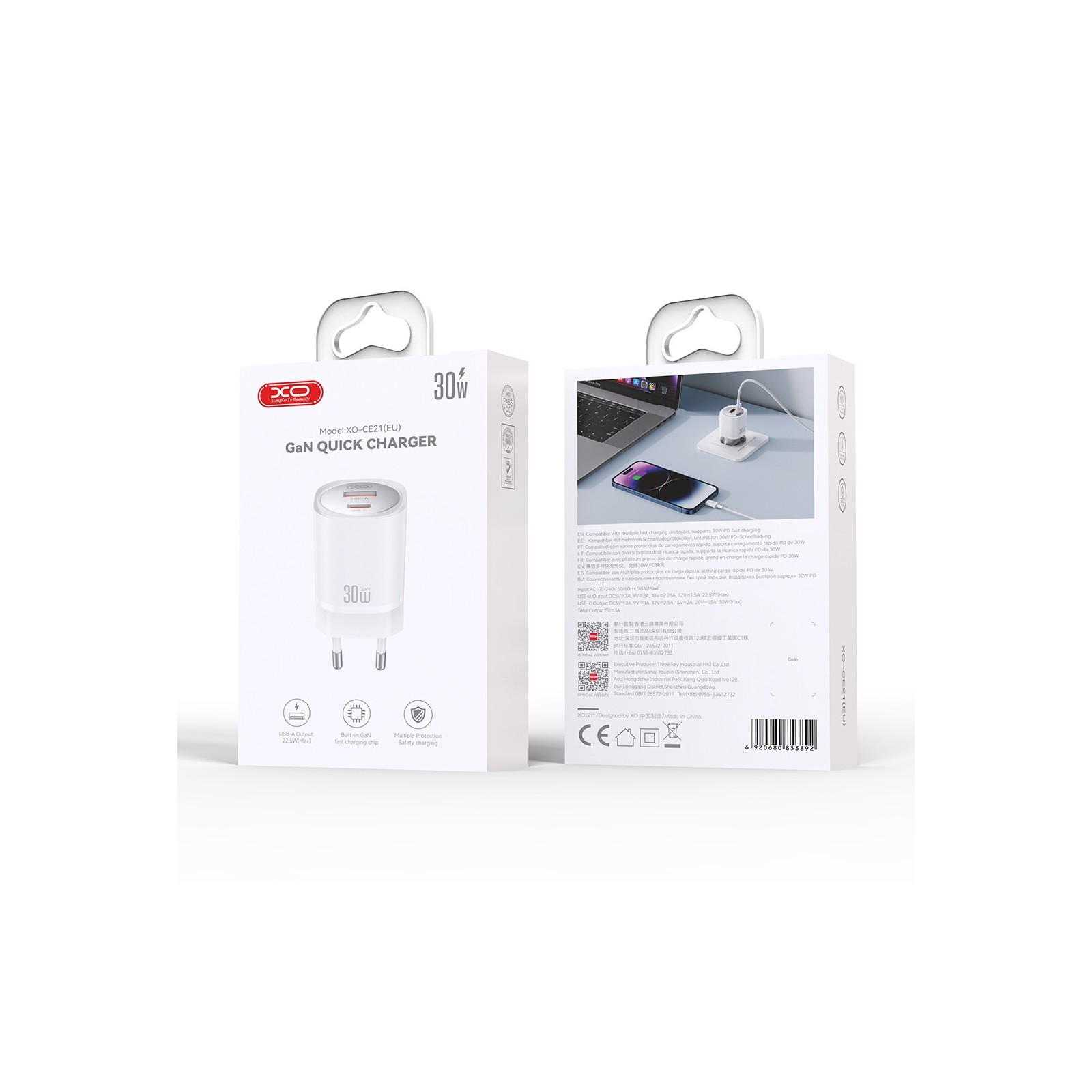 Chargeur secteur XO CE21 USB-C + USB-A PD 30W GaN - BLANC
