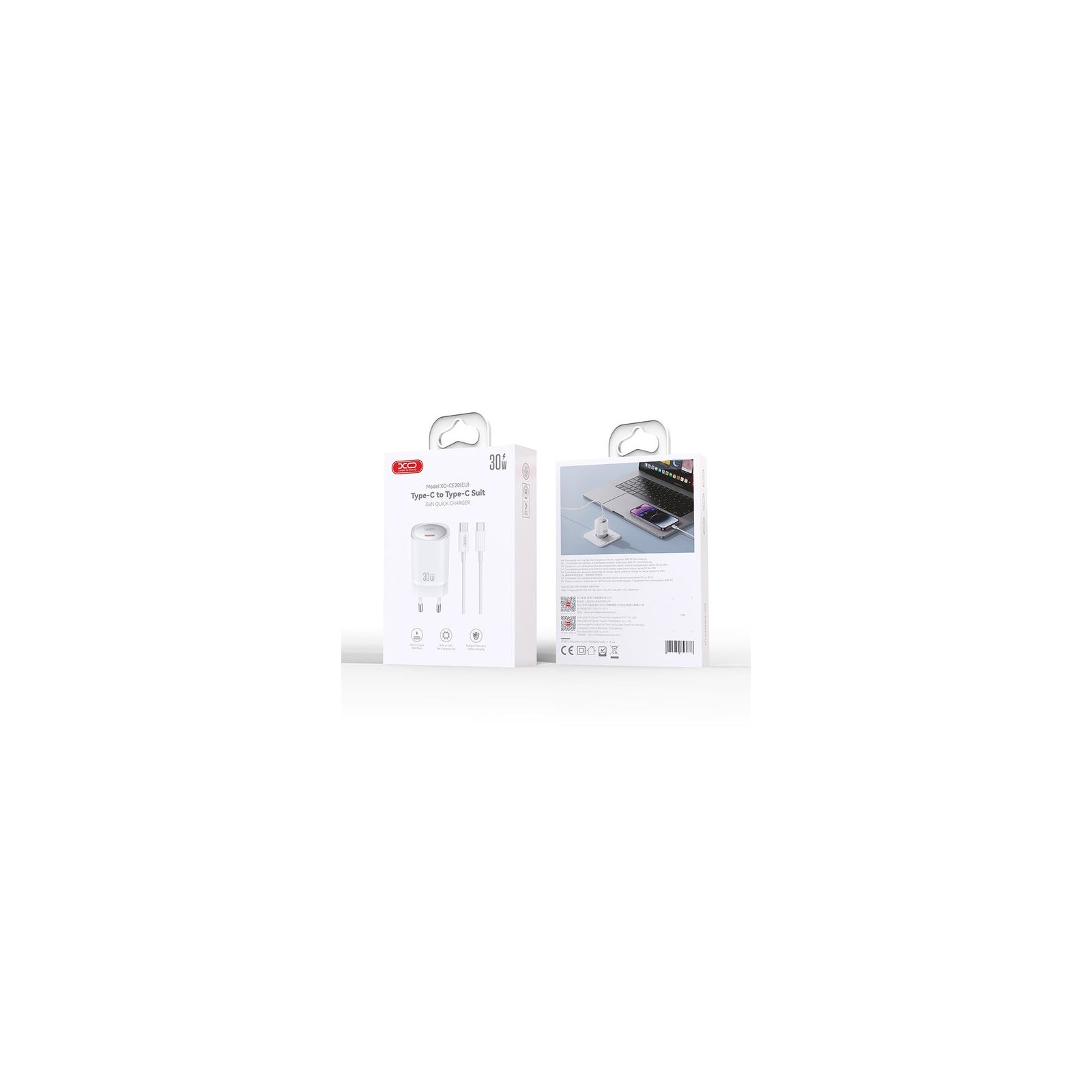 Chargeur secteur XO CE20 USB-C PD 30W GaN avec câble USB-C - BLANC