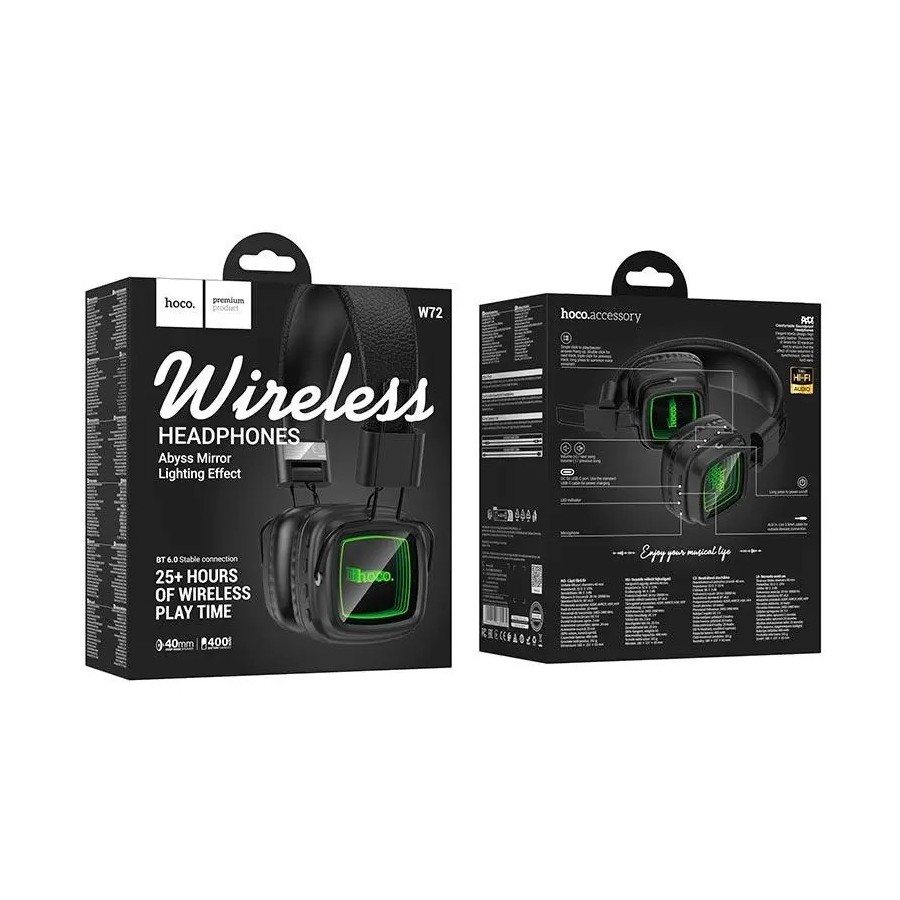 CASQUE SANS FIL BLUETOOTH HOCO W72 - OREILLETTES MIROIR INFINI LUMINEUX EFFET ABYSSAL - NOIR