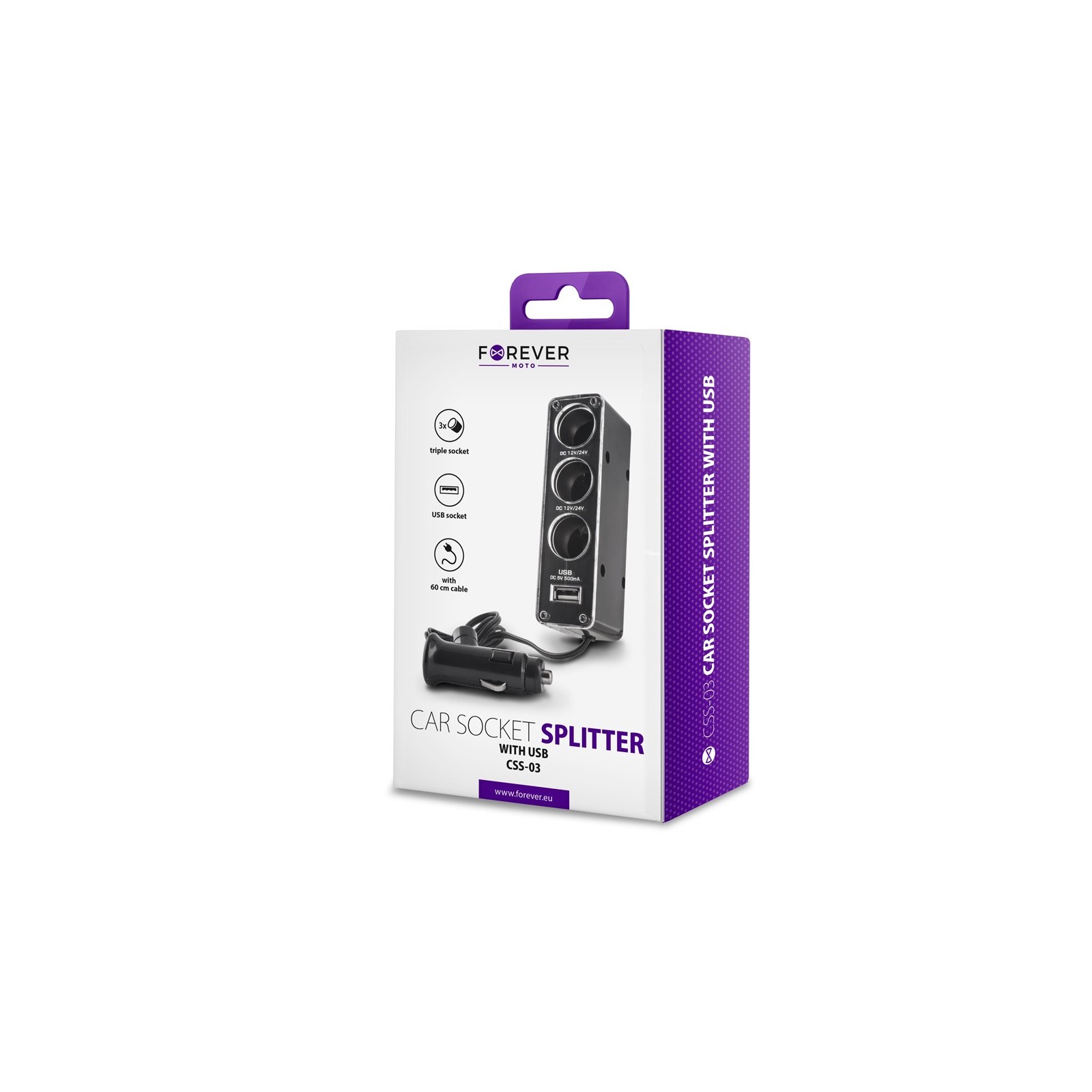 Répartiteur Allume-Cigare Forever CSS-03 - 3-en-1 avec Câble USB - Noir