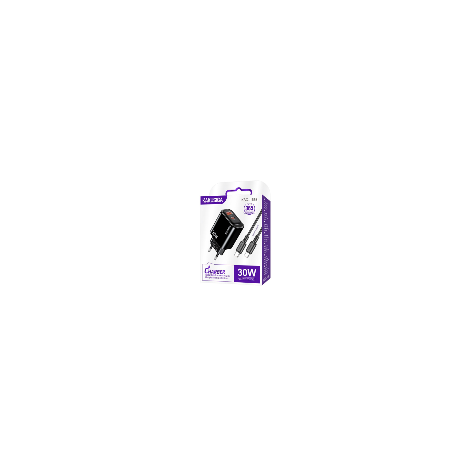 Chargeur Secteur Kakusiga KSC-1668 - PD 30W / QC 3.0 + Câble USB Type-C - Noir