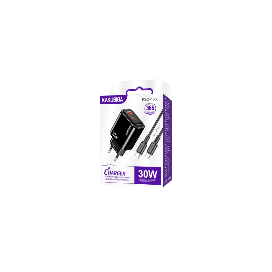 Chargeur Secteur Kakusiga KSC-1668 - PD 30W / QC 3.0 + Câble USB Type-C - Noir