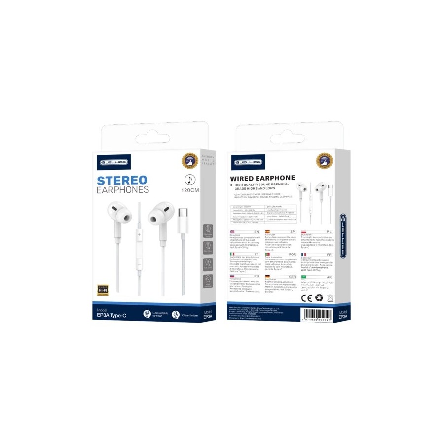 ÉCOUTEURS FILAIRES + TÉLÉCOMMANDE + MICRO - JELLICO EP3A - USB-C - 1.2M BLANC