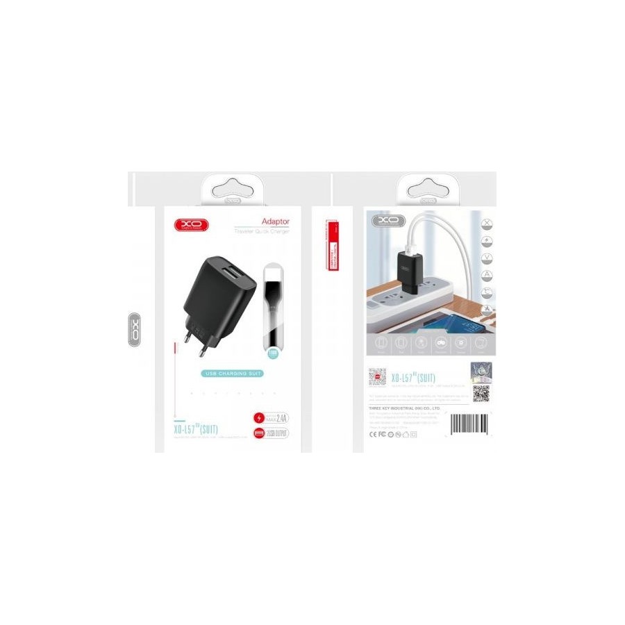XO-L57 - PACK CHARGEUR SECTEUR UNIVERSEL 2.4A + CÂBLE LIGHTNING (IPHONE / IPAD) 1M NOIR