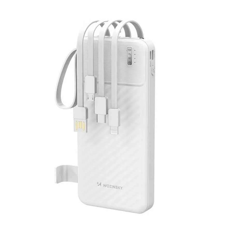 Batterie Externe Wozinsky W11-W 10000mAh - 4 Câbles Intégrés, Support Téléphone, Lampe LED - Blanc