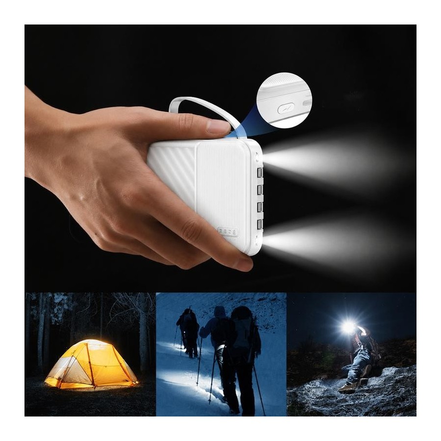 Batterie Externe Wozinsky W11-W 10000mAh - 4 Câbles Intégrés, Support Téléphone, Lampe LED - Blanc