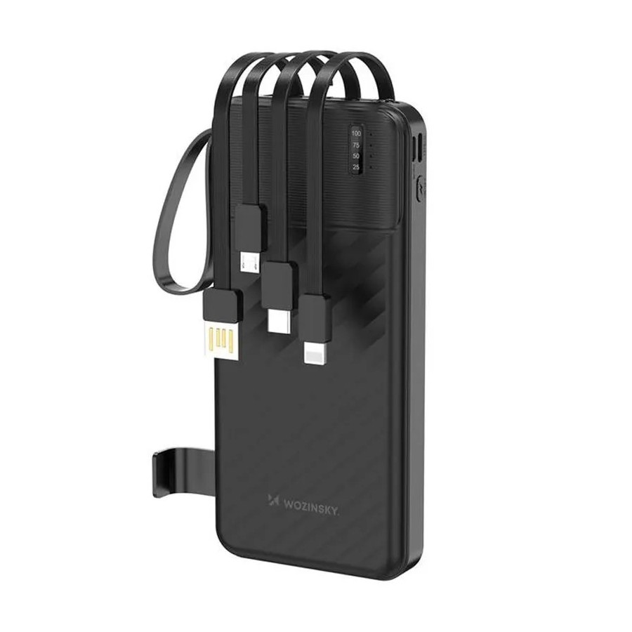 Batterie Externe Wozinsky W11-B 10000mAh - 4 Câbles Intégrés, Support Téléphone, Lampe LED - Noir