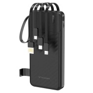 Batterie Externe Wozinsky W11-B 10000mAh - 4 Câbles Intégrés, Support Téléphone, Lampe LED - Noir
