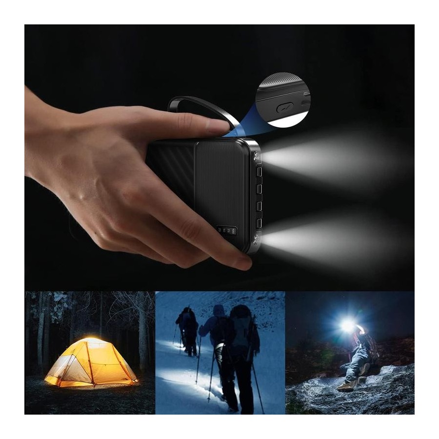 Batterie Externe Wozinsky W11-B 10000mAh - 4 Câbles Intégrés, Support Téléphone, Lampe LED - Noir