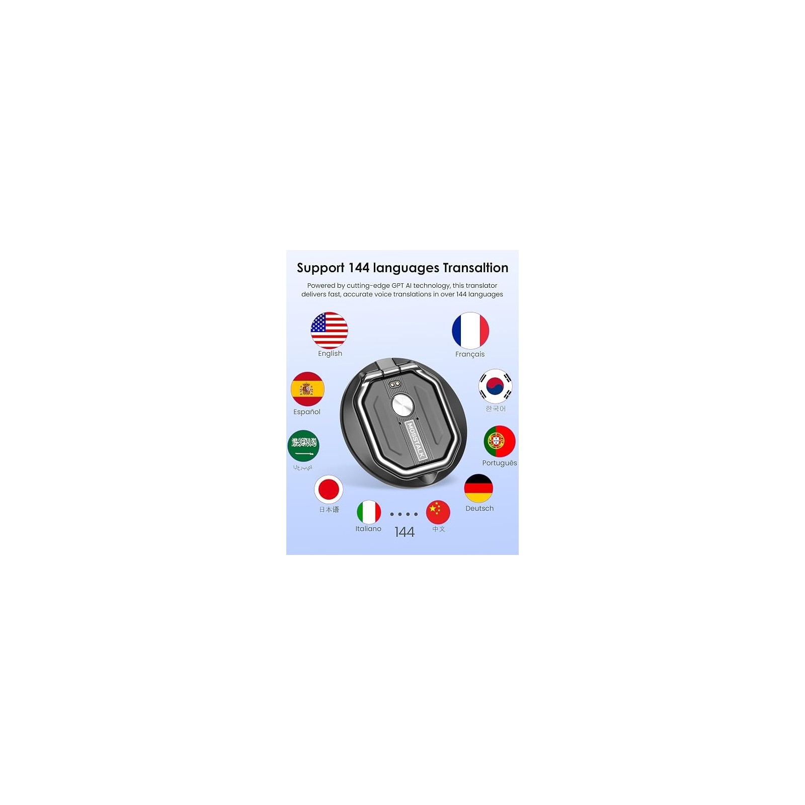 MOSSTALK PRO AI TRANSLATOR RECORDER 140+ LANGUAGES MAGNETIC 5-IN-1 SMART DEVICE - GRIS