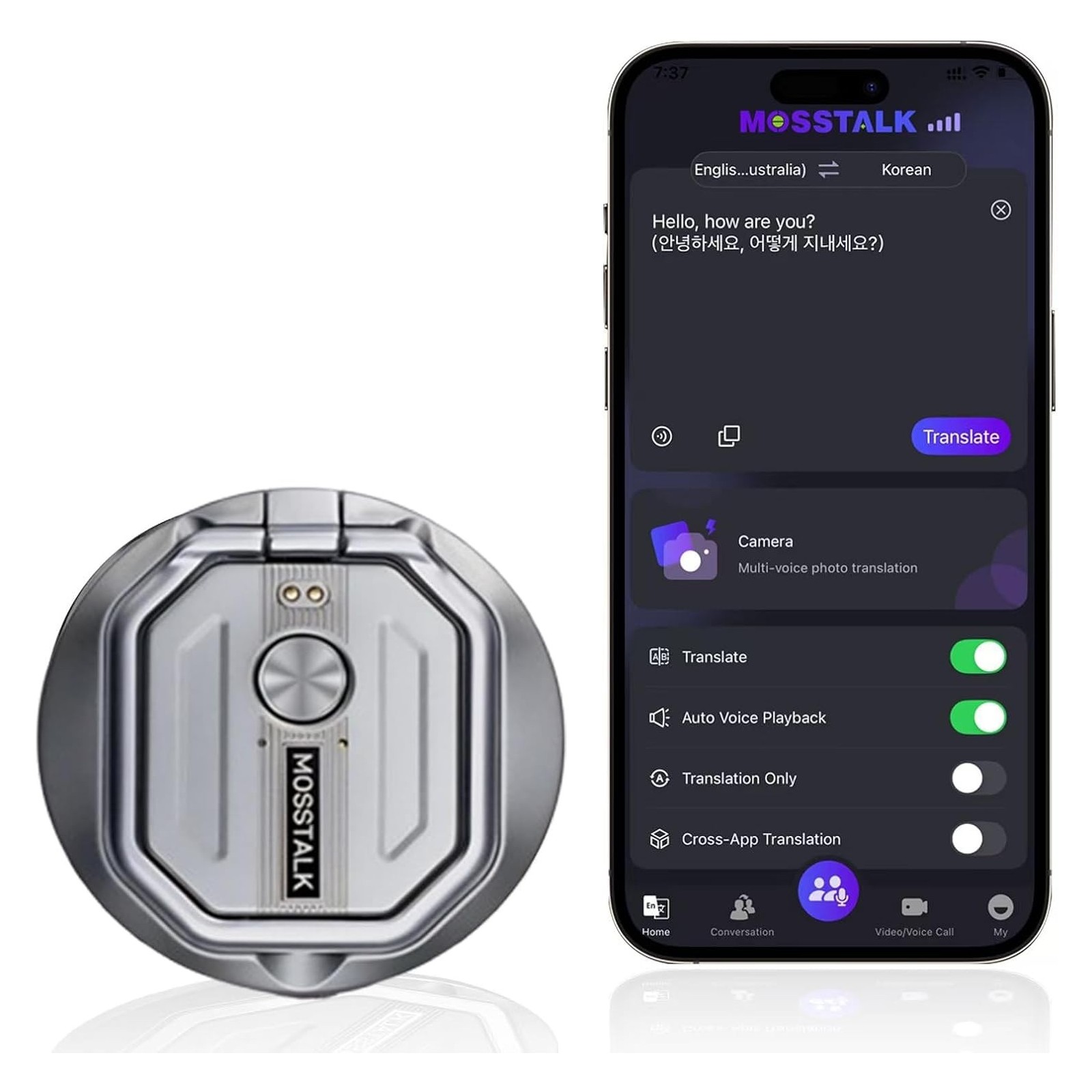 MOSSTALK PRO AI TRANSLATOR RECORDER 140+ LANGUAGES MAGNETIC 5-IN-1 SMART DEVICE - GRIS