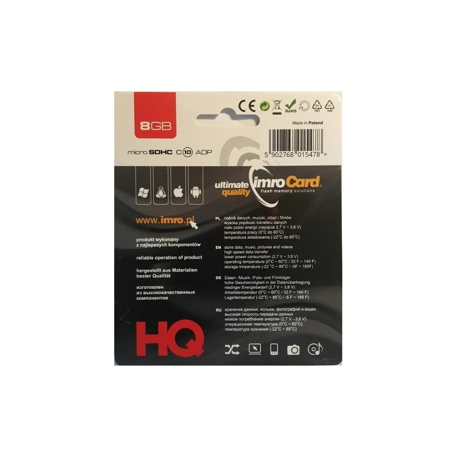 CARTE MEMOIRE MICRO-SD IMROCARD CLASS 10 8GO NOIR