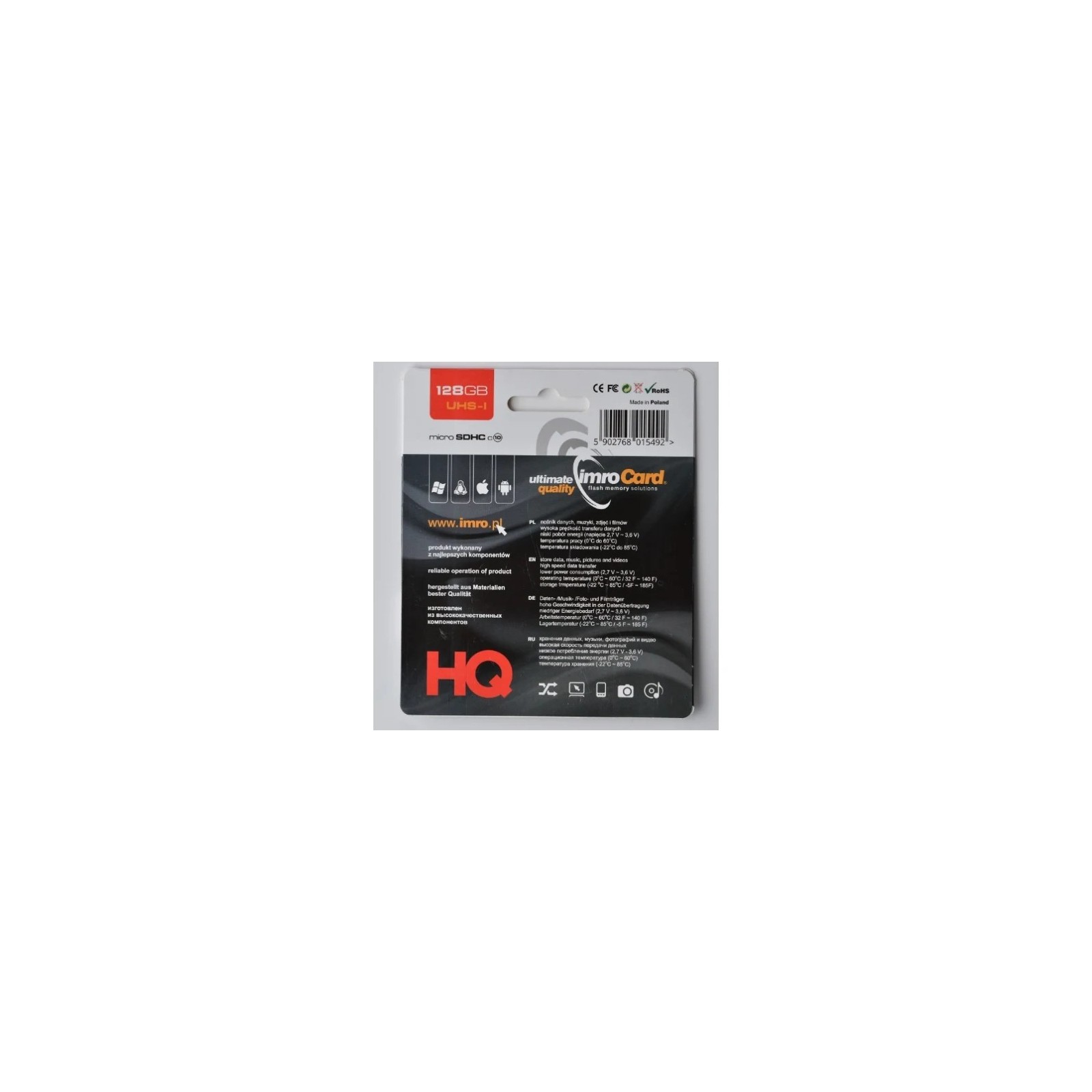 Carte mémoire microSD IMROCARD avec adaptateur SD - 128 Go Noir