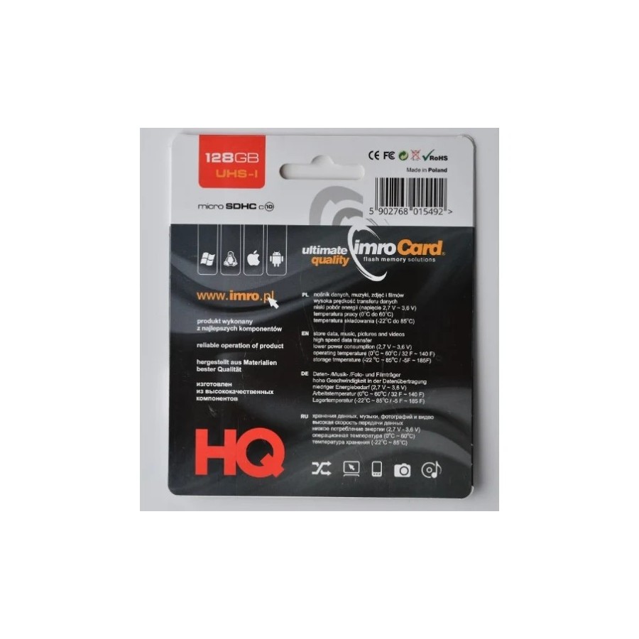 Carte mémoire microSD Imro Card + adaptateur SD - 128 Go Noir