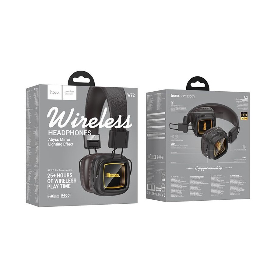 CASQUE SANS FIL BLUETOOTH HOCO W72 - OREILLETTES MIROIR INFINI LUMINEUX EFFET ABYSSAL - MARRON