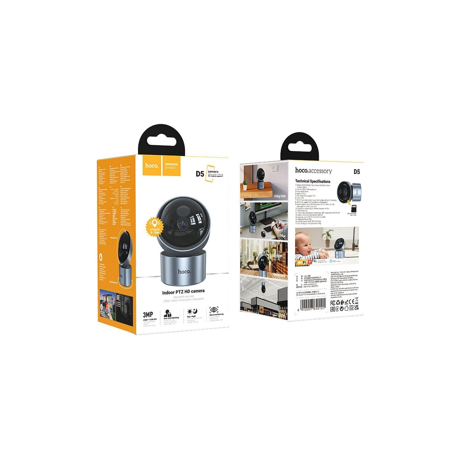 Caméra de surveillance intérieure PTZ Hoco D5 - HD - Gris