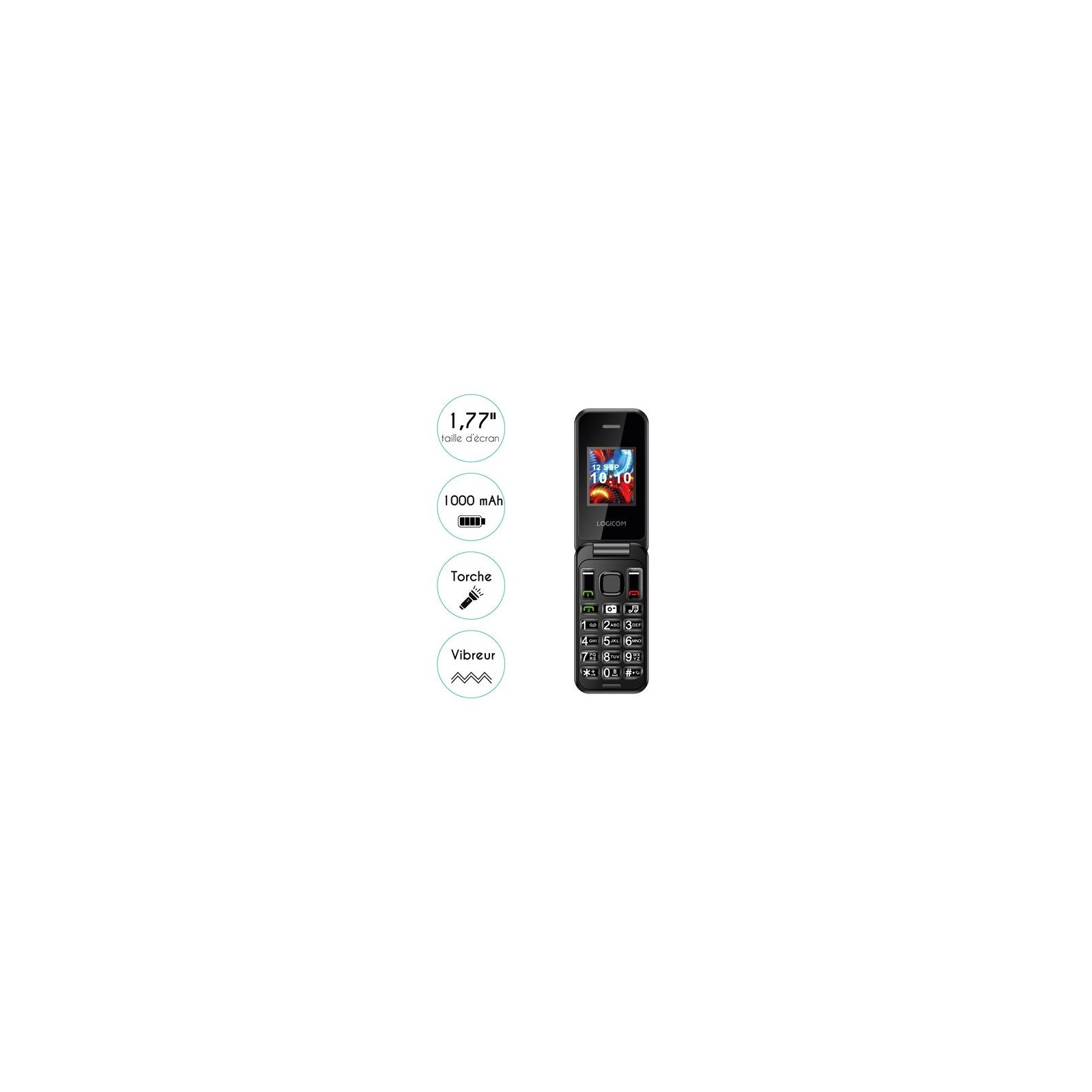 TÉLÉPHONE MOBILE À CLAPET LOGICOM FLEEP 450 4G ÉCRAN 1,77" SIM STANDARD NOIR