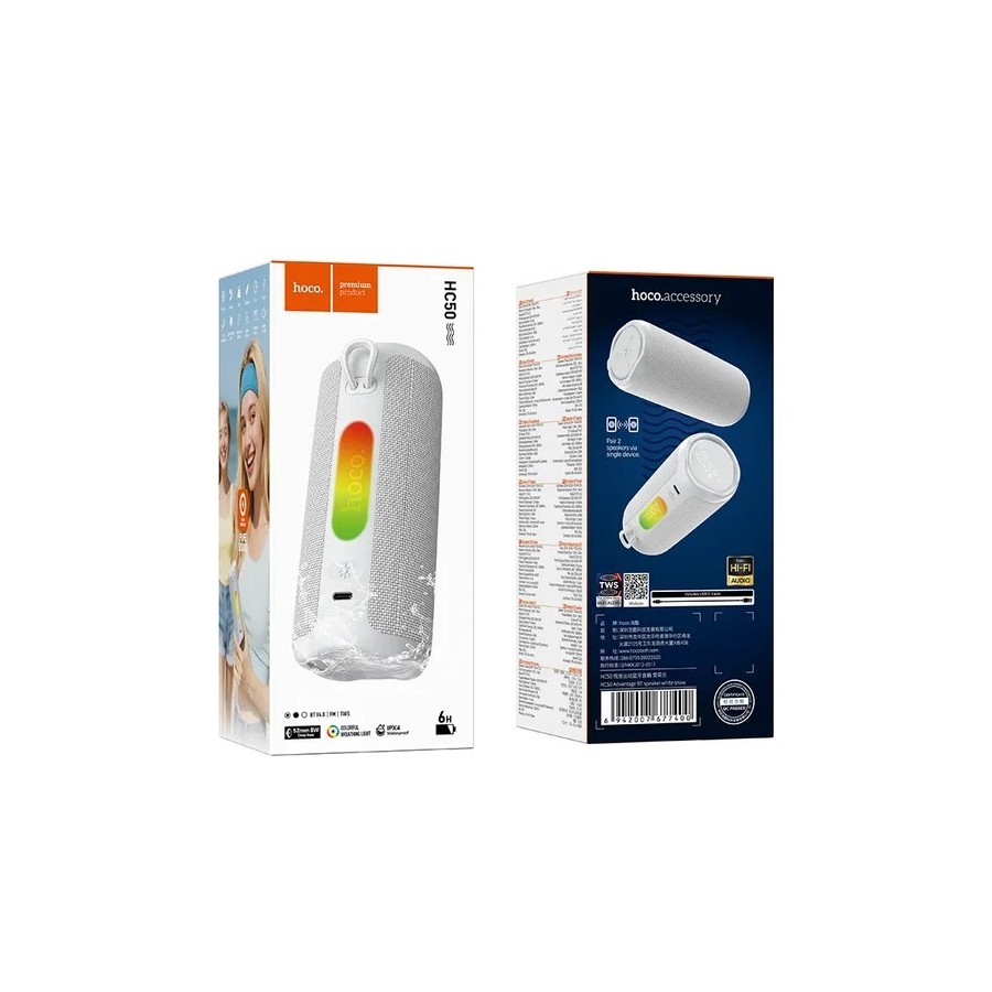ENCEINTE PORTABLE BLUETOOTH HOCO HC50 - 8W - TWS - RGB - ÉTANCHE - BLANCHE