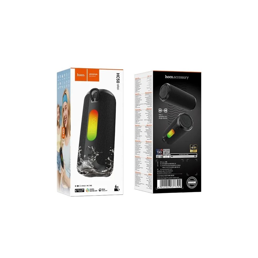 ENCEINTE PORTABLE BLUETOOTH HOCO HC50 - 8W - TWS - RGB - ÉTANCHE - NOIRE