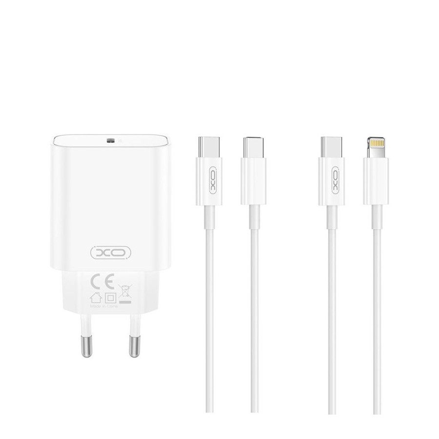 Chargeur secteur rapide USB-C XO-CE32 20W PD + Câble USB-C vers USB-C Blanc – Pack