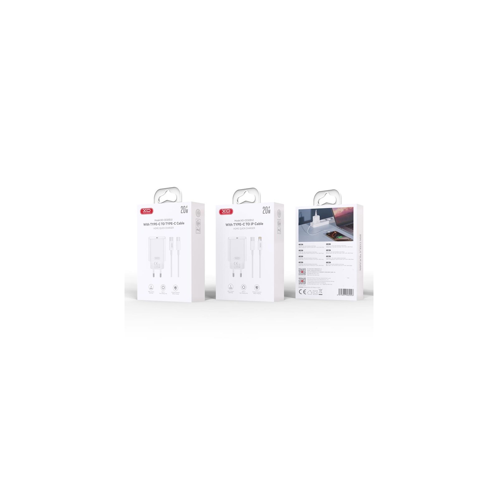 Chargeur secteur rapide USB-C XO-CE32 20W PD + Câble USB-C vers USB-C Blanc – Pack