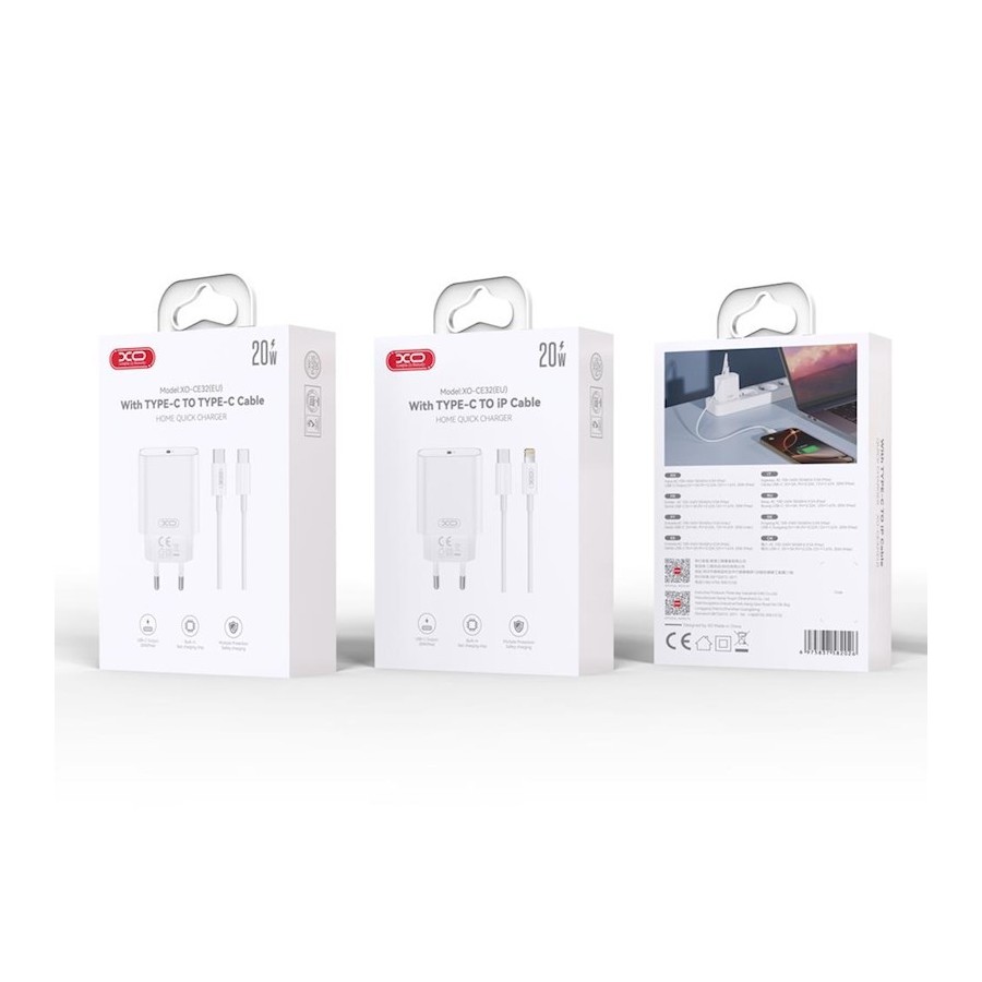 Chargeur secteur rapide USB-C XO-CE32 20W PD + Câble USB-C vers USB-C Blanc – Pack