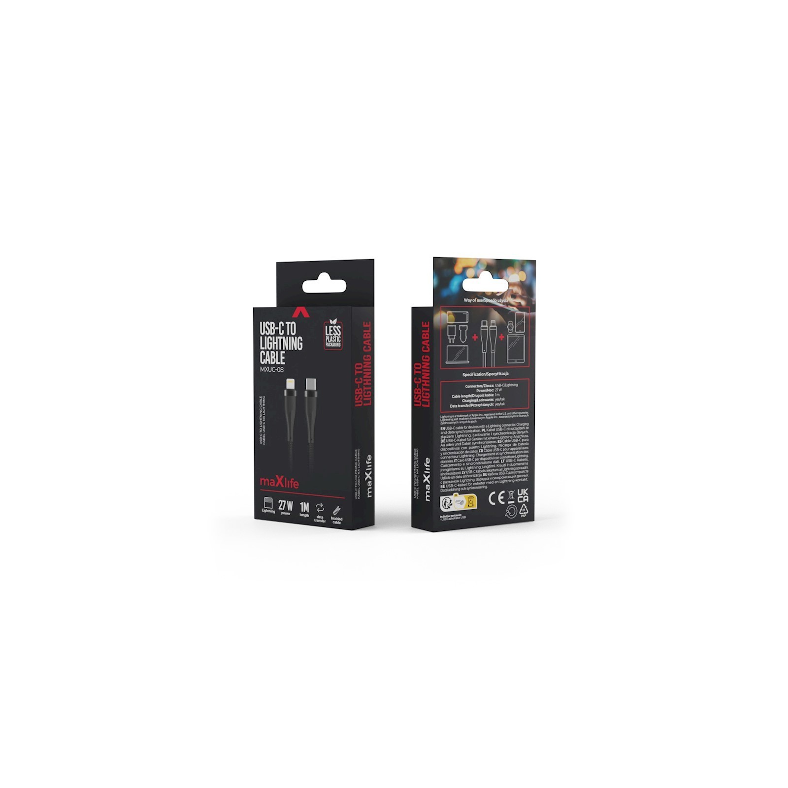 CÂBLE USB-C VERS LIGHTNING MAXLIFE MXUC-08 - 1,0 M - 27W - NOIR