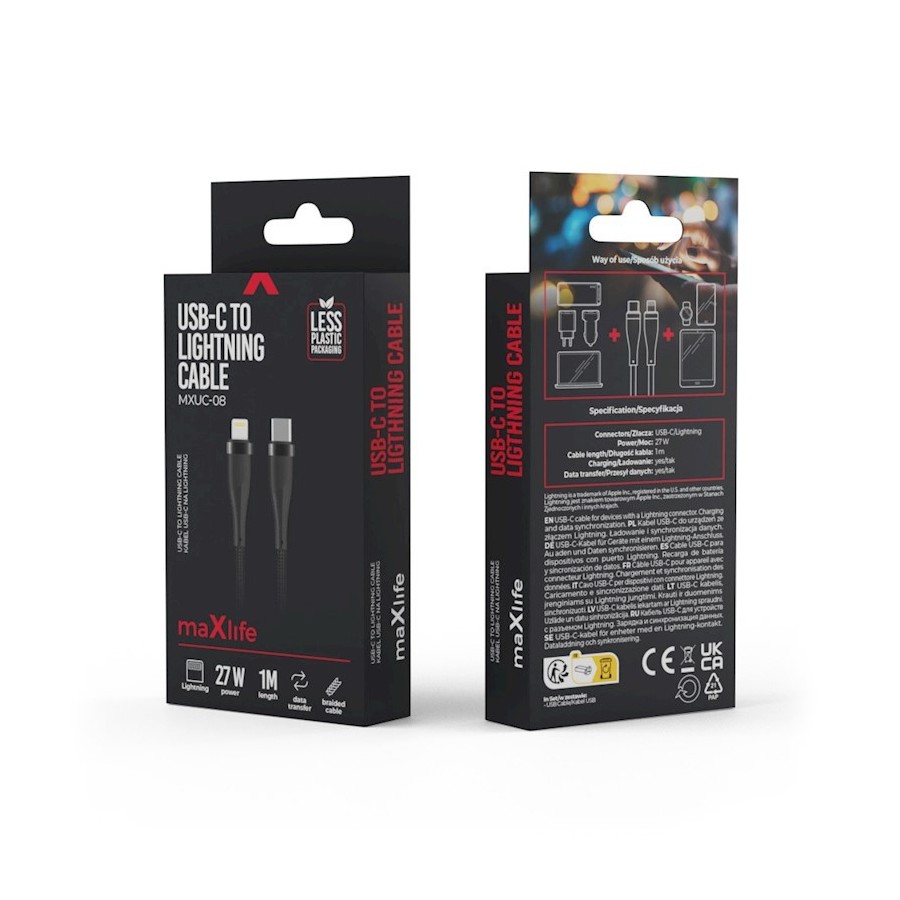 CÂBLE USB-C VERS LIGHTNING MAXLIFE MXUC-08 - 1,0 M - 27W - NOIR