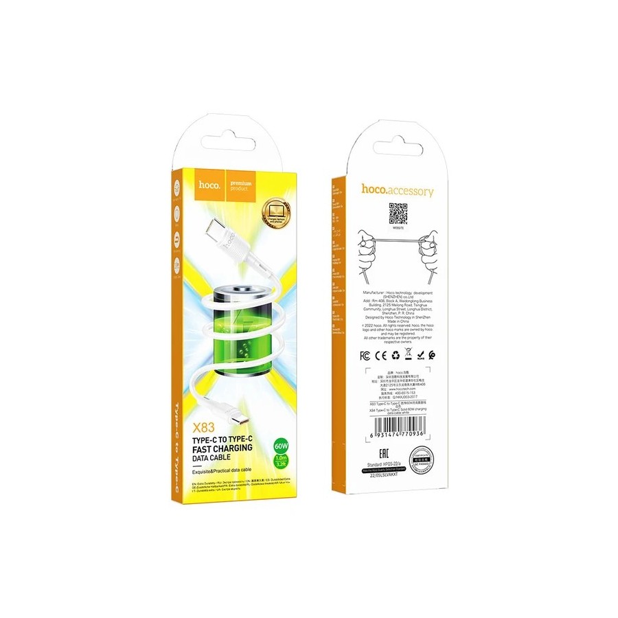 CÂBLE DE CHARGE ET DE DONNÉES USB-C VERS USB-C HOCO X83 VICTORY - 60W - 1 M - BLANC