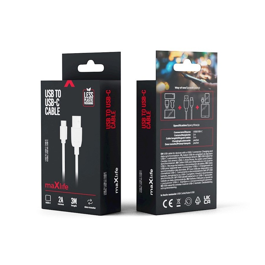 Maxlife cable USB - USB-C 3,0 m 2A white